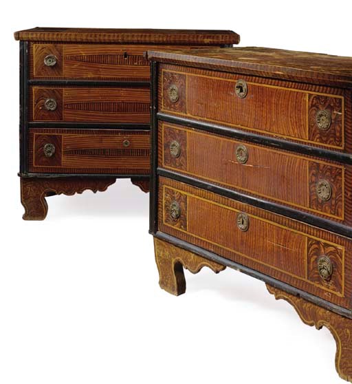 TWO MATCHED FAUX-GRAINED CENTRAL EUROPEAN COMMODE TRUNKS
