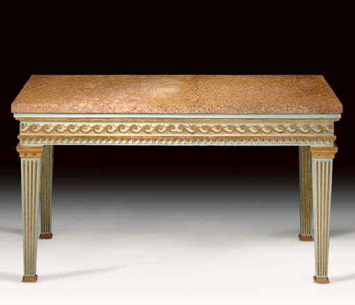 A NORTH EUROPEAN BLUE-PAINTED AND PARCEL-GILT SIDE TABLE
