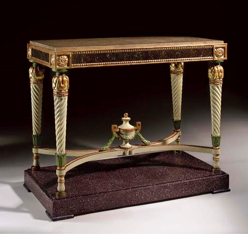 A SWEDISH REVERSE-PAINTED GLASS-MOUNTED, SIMULATED PORPHYRY, GREEN-PAINTED AND PARCEL-GILT CENTER TABLE
