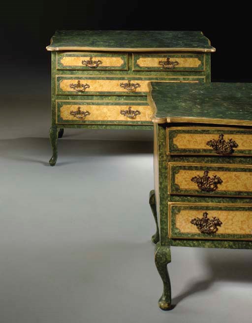 A PAIR OF ITALIAN GREEN AND YELLOW FAUX-MARBLE AND PARCEL-GILT COMMODES