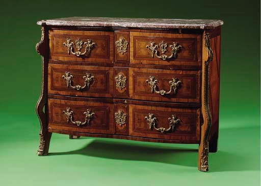 A REGENCE OYSTER-VENEERED, WALNUT AND KINGWOOD PARQUETRY COMMODE