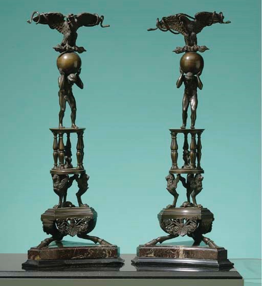 A PAIR OF ITALIAN PATINATED-BRONZE CENTERPIECES