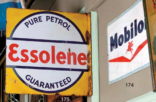 "Essolene - Pure Petrol - Guaranteed" - A rare pre-war enamel advertising sign; double-sided, flange-mounting; c.1930s. 24x24ins