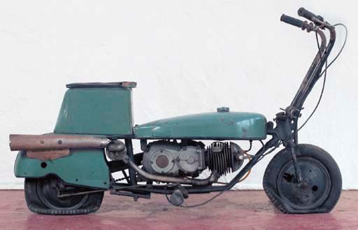 BROCKHOUSE "CORGI" PARATROOPERS MOTORCYCLE; overpainted blue; lacking original saddle; unrestored display condition;  c.1940s.
