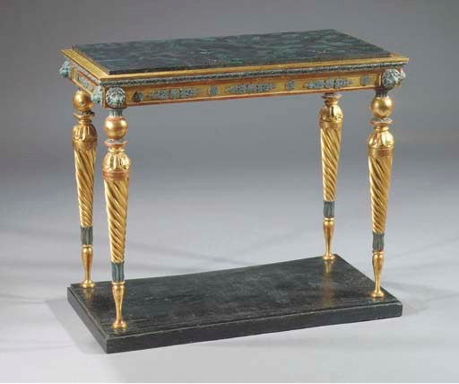 A SWEDISH GILTWOOD AND GREEN MARBLED CONSOLE
