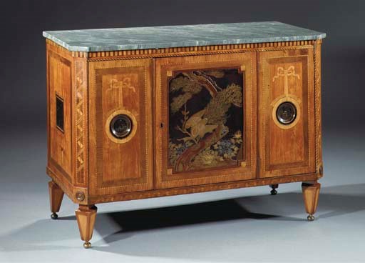 A Dutch black and gilt-lacquered, satinwood, fruitwood and marquetry sideboard