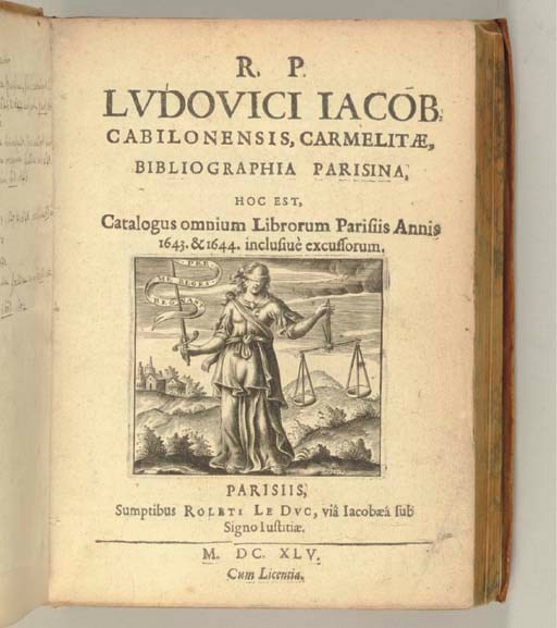 JACOB de Saint-Charles, Louis (1606-1670). Bibliographia Parisina, hoc est catalogus omnium librorum Parisiis annis 1643. & 1644. inclusive excusorum. Paris: Rolet Le Duc, 1645. 4o. 8 ff., 108 pp., Le Duc's engraved Justitia device on title -- Bibliographia Parisina ... catalogus omnium librorum, Parisiis, anno 1645 inclusive excusorum. Paris: Le Duc, 1646. 12 ff., 52 pp., Justitia device on title -- Bibliographia Gallica universalis ... catalogus omnium librorum per universum regnum Galliae annis 1643. 1644. 1645. excusorum. Paris: Le Duc, 1646. 4 ff., 26 pp., 1 f. Justitia device on title. -- Bibliographia Gallica universalis ... catalogus omnium librorum per universum Galliae regnum, anno 1646. excusorum. Paris: Widow of Jean Camusat, & Pierre Le Petit, 1647. 6 ff., 64 pp. (pp. 1-50: 'Bibliotheca Parisina'), woodcut device (Aeneas with the Golden Fleece) on title -- Bibliographia Parisina ... catalogus omnium librorum Parisiis, annis 1647. & 1648. excusorum. Paris: Sebastien & Gabriel Cramoisy, 1649. 6 ff., 52 pp., Cramoisy's engraved device on title -- Bibliographia Parisina ... catalogus omnium librorum Parisiis, anno 1649. inclusive excusorum. Paris: S. & G. Cramoisy, 1650. 3 ff., 29, 1 pp., engraved device on title -- Bibliographia Parisina ... catalogus omnium librorum Parisiis MDCL inclusive excusorum. Paris: S. & G. Cramoisy, 1651. 6 ff., 32 pp., title device; Bibliographia Gallica universalis ... catalogus omnium librorum per universum Galliae regnum, anno MDCLI excusorum. Paris: S. & G. Cramoisy, 1652. 4 ff., 47 pp., title device -- Bibliographia Gallica universalis ... catalogus omnium librorum per universum Galliae regnum annis M.DC.LII. & M.DC.LIII. excusorum. Paris: Ex Officina Cramoisiana (i.e. Seb. Cramoisy with his brother Gabriel), 1654. Engraved title device. 4 ff., 92 pp.

9 works in one volume, 4o (215 x 162mm). Contemporary vellum over pasteboard, the flat spine tooled in silver with a border of a decorative roll, four lines of lettering towards the head of spine, a coat-of-arms about a third of the way down and  'CE' monogram about two-thirds of the way down, marbled edges (tooling oxidized to black and faded). Provenance: 'CE' (binding); Hyacinthe Théodore Baron, the elder (1686-1758, armorial bookplate).

VERY FINE COPY OF THIS VERY RARE COMPLETE SET OF THE FIRST BIBLIOGRAPHY OF THE ANNUAL BOOK PRODUCTION OF A COUNTRY, presented under the banner of 'Bibliographia', here used for the first time in the sense it has retained to the present day. It records the annual output of the Parisian publishers and printers from 1643 to 1653 in five volumes and that of the provincial houses from 1643 to 1646, and 1651-1653 in four volumes, three of which also include Parisian books, which in the first (1646) are listed separately, but in the other two (1651 and 1652/3) are integrated, for practical reasons, with the provincial ones.

Father Jacob's brilliant achievement is the subject of an excellent essay by Louis-Noëlle Malclès: 'Le Fondateur de la bibliographie nationale en France, le R.P. Louis Jacob de Saint-Charles (1606-1670)' in: Mélanges d'histoire du livre offert à Frantz Calot, 1960. Comparatively little is known about Jacob who wrote another much appreciated work Traicté des plus belles bibliothèques, 1644. Born in Chalon-sur-Saone as the son of an Italian from Sienna, he became a Carmelite in 1625, and successively librarian to Jean-François-Paul de Gondi, the future Cardinal d Retz and the Président Achille de Harlay. A disciple and friend of Gabriel Naudé, he assisted him on the open days of Mazarin's library coping with the frequently distinguished readers. 'The Carmelite Jacob died a bookman's death by falling from his library ladder' (Breslauer & Folter 55). Pollard is mistaken in taking Jacob at his word who had announced in the preface to vol. III, 1649, of the 'Parisina', that he would give up further work on the series; all further volumes have dedications to various eminent persons by him, and he, not Cramoisy compiled the remaining six volumes. It is a significant fact that Pollard cites only two copies of all the nine volumes (British Museum and Bodleian). Ehrman only succeeded in adding the first volume to his collection.