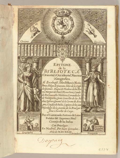 LEON PINELO, Antonio de (d.1660). Epitome de la Biblioteca Oriental i Occidental, Nautical i Geografica. Madrid: Juan Gonzalez, 1629.