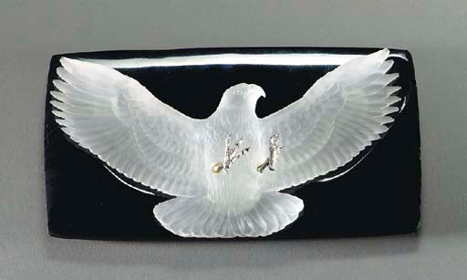 A HARDSTONE, ROCK CRYSTAL AND WHITE GOLD EAGLE DESK ORNAMENT, BY ANDREAS VON ZADORA