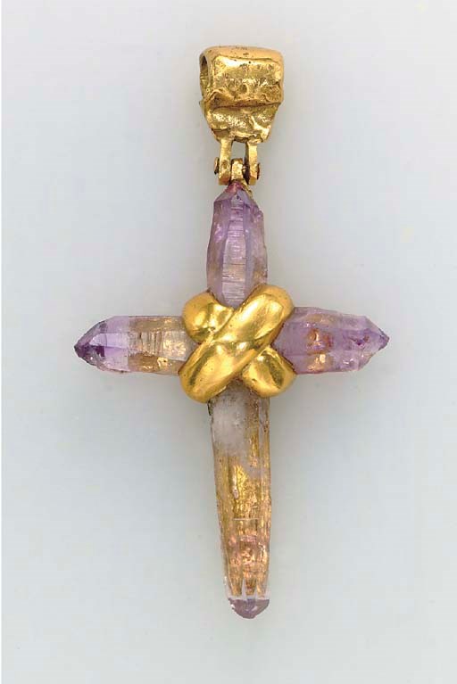 AN AMETHYST CRYSTAL AND 18K GOLD CROSS PENDANT, BY ROBERT GOOSSENS FOR CHANEL