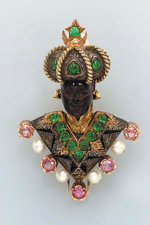 A MULTI-GEM, HARDSTONE AND GOLD BLACKAMOOR BROOCH, BY NARDI