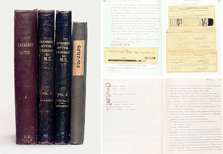 GILBERTSON, Edward (1813-1904), comp.. Dictionary of illustrations of Japanese myths, legends, folk-lore &c.. MANUSCRIPT ON RULED PAPER. [Ilfracombe, c.1888-1898]. 2 volumes, 4° (255 x 204mm). Written in a neat cursive hand on ruled paper, rectos only, occasional drawings or diagrams in pen or pencil or other illustration on versos, titles in red and black, [1], 345; [1], 261pp. Late 19th-century half black roan, spines lettered in gilt.