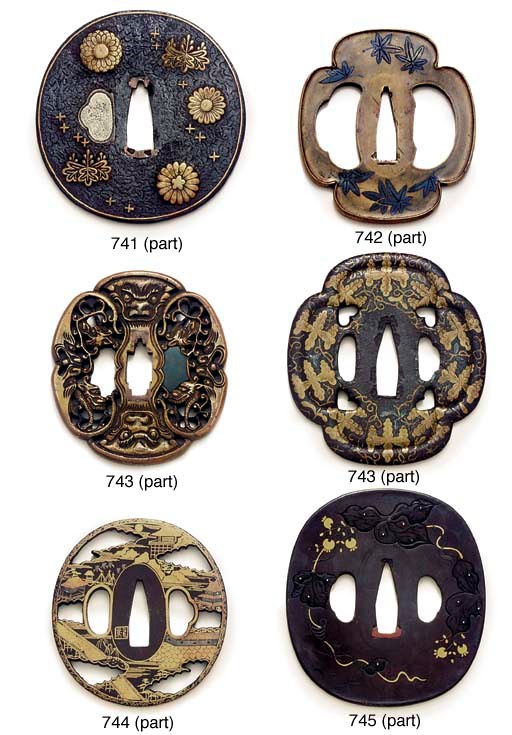 An iron ishimeji tsuba and two others