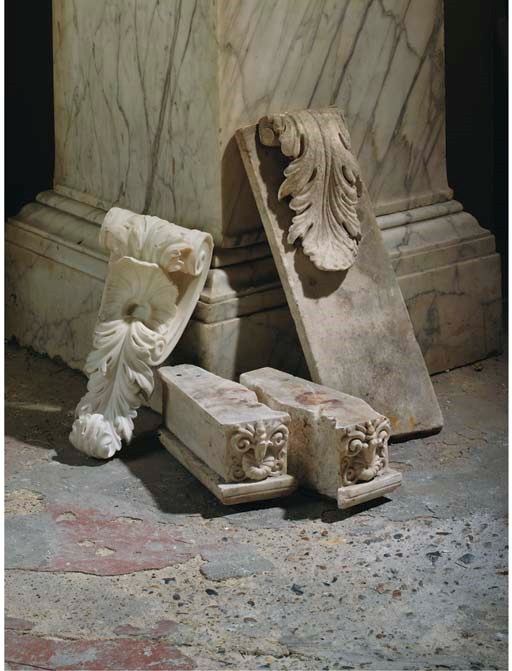 A Victorian statuary marble chimneypiece corbel and other elements