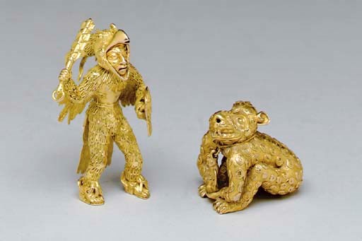 TWO PRE-COLUMBIAN STYLE GOLD FIGURES,