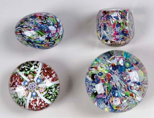 A SAINT LOUIS EGG-SHAPED GLASS HAND COOLER AND THREE WEIGHTS,