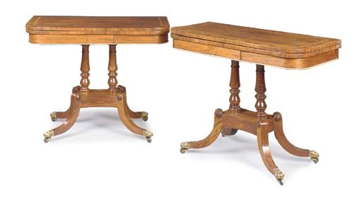 A PAIR OF GEORGE IV BRASS-MOUNTED KINGWOOD PEDESTAL CARD-TABLES