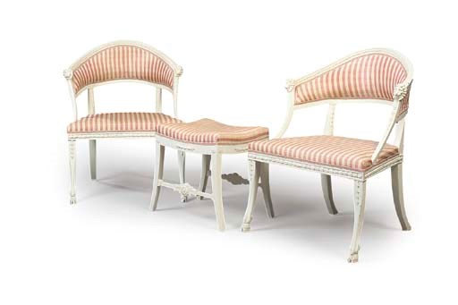 A PAIR OF SWEDISH WHITE-PAINTED ARMCHAIRS AND A STOOL