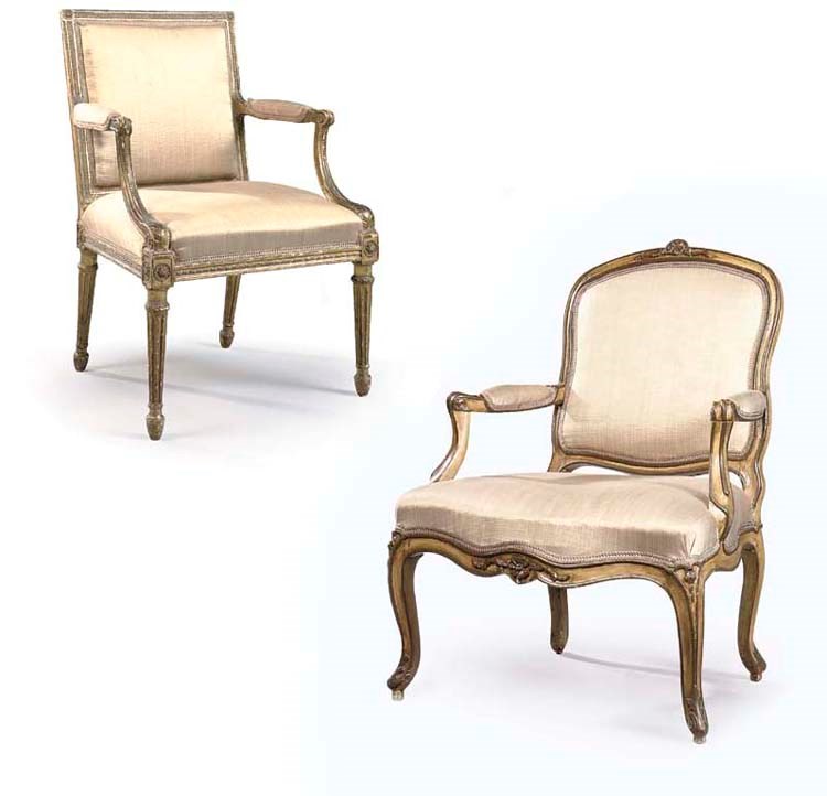 A GEORGE III GILTWOOD OPEN ARMCHAIR AND LOUIS XV YELLOW AND BROWN-PAINTED FAUTEUIL