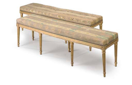 A PAIR OF FRENCH GILTWOOD LONG STOOLS