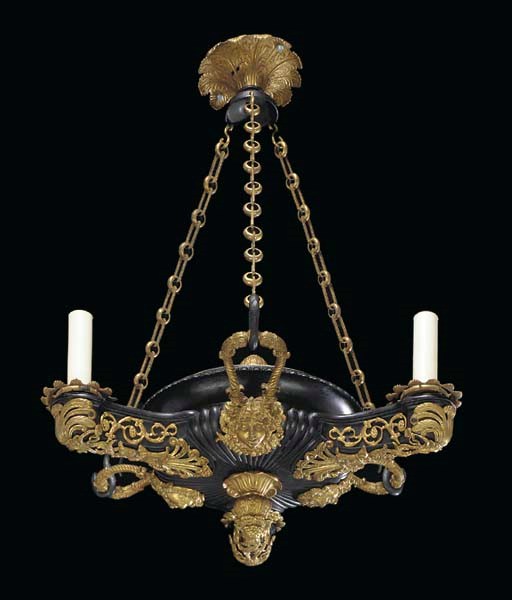 A REGENCY ORMOLU AND BRONZED THREE-LIGHT COLZA CHANDELIER