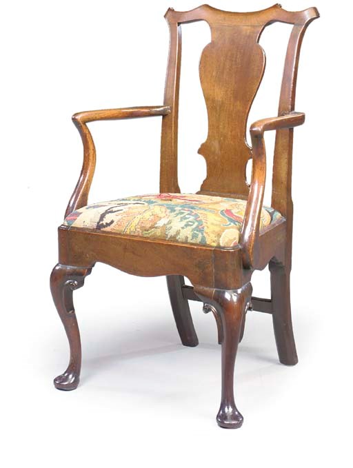 A GEORGE II MAHOGANY SMALL OPEN ARMCHAIR
