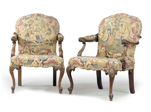 A PAIR OF GEORGE II MAHOGANY OPEN ARMCHAIRS