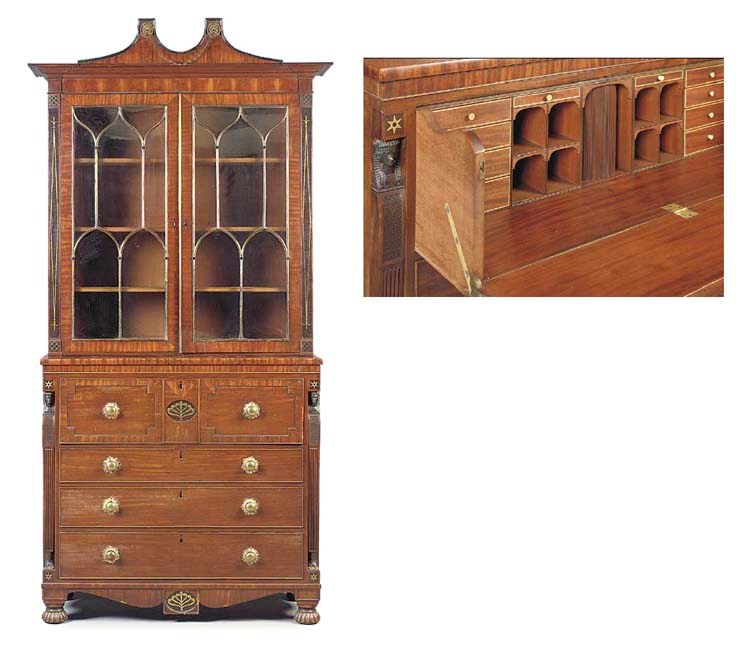 A GEORGE IV BRASS-INLAID MAHOGANY SECRETAIRE-BOOKCASE