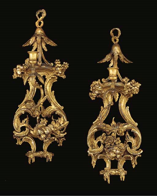 A MATCHED PAIR OF GEORGE III GILTWOOD SINGLE-LIGHT WALL LIGHTS