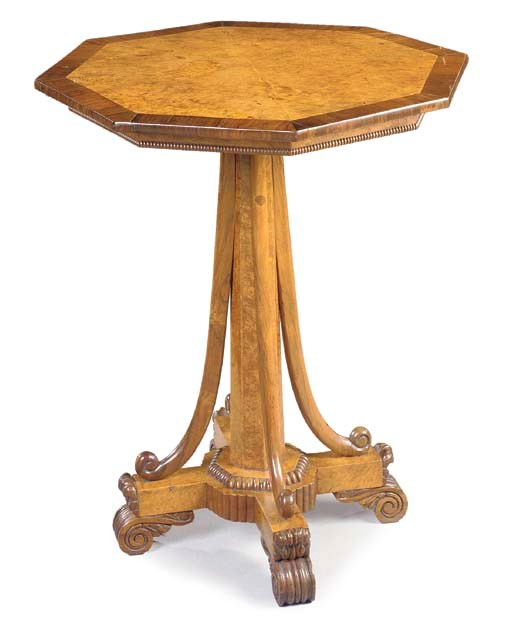 A WILLIAM IV AMBOYNA AND ROSEWOOD OCTAGONAL PEDESTAL TABLE