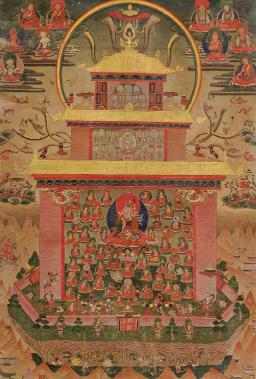 A THANGKA OF PADMASAMBHAVA IN THE GLORIOUS COPPER MOUNTAIN PARADISE