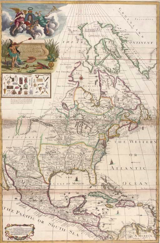 WILLDEY, George (fl. c.1695-1733).  Map of North America Corrected from the latest Discoveries and Observations. London: H. Terrason, [c.1715]. Large hand-coloured engraved map of North America on 2 sheets, joined, extending from Baffin's Bay in the north to Panama in the south, the title surmounted by an oval portrait of George I flanked by a trumpeting angel and Mercury above the figure of a native American princess, advertisement for the "Great Toy Shop" featuring maps, globes, spectacles etc., galleons (a strip in the lower segment repaired with slight loss and browned, lower segment browned at upper edge), 980 x 625mm. AN EXCEPTIONALLY RARE AND IMPRESSIVE MAP OF NORTH AMERICA. McLaughlin 199.
