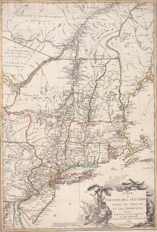 BRION DE LA TOUR, Louis.  Carte du Théatre de la Guerre entré les Anglais et les Américains: Dressée d' après les Cartes Anglaises les plus modernes. Paris: chez Esnauts et Rapilly, 1778. Engraved map of the north-eastern seaboard of the United States including New York, Boston and Philadelphia, title cartouche with native figure and flora (a few short repaired tears, shaved at upper engraved frame with marginal repairs), 750 x 510mm.