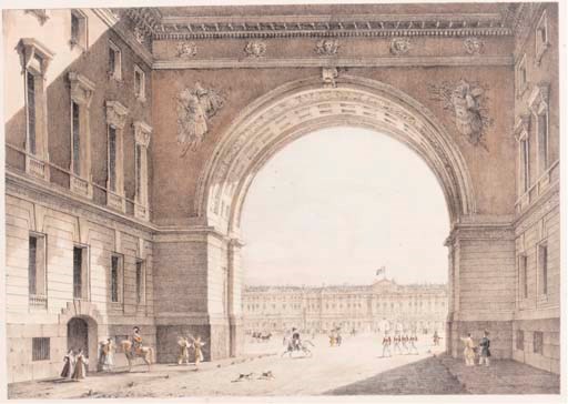 Nouvelle Collection de Quarante-deux Vues de Saint-Petersbourg et de ses Environs, Dessinées d' après nature par divers Artistes ... A l' Usage des Etrangers. St. Petersburg: "Se trouve au Salon Littéraire Français, chez Alexandre Pluchart," 1826. Oblong 4° (342 x 495mm). Title within woodcut border, folding hand-coloured engraved plan of St. Petersburg with key leaf, table, 40 hand-coloured lithographed plates only (of 42 on the list, lacking plate numbers 3, 18 and 41, but with an extra lithograph at the end not on the list, title lightly spotted, occasional light mainly marginal spotting). Contemporary calf-backed boards with printed paper label on upper cover (rubbed and scuffed). Provenance: Mark Dineley (armorial bookplate).