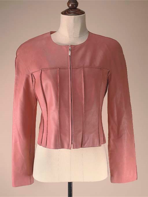 A PINK LEATHER BOMBER JACKET
