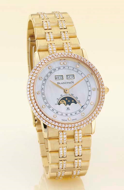BLANCPAIN. A FINE 18K GOLD, DIAMOND AND MOTHER-OF-PEARL TRIPLE CALENDAR WRISTWATCH WITH MOON PHASES AND BRACELET