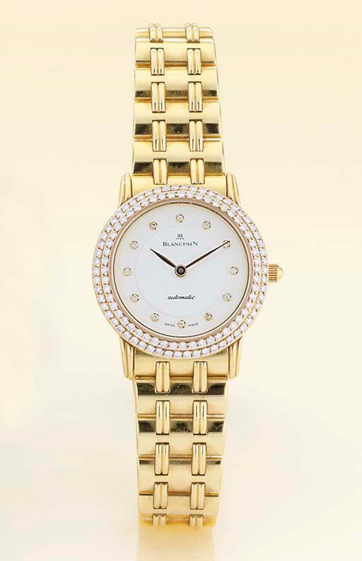 BLANCPAIN. A FINE LADY'S 18K GOLD AND DIAMOND WRISTWATCH WITH BRACELET