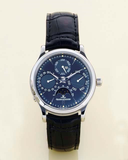 JAEGER-LECOULTRE. A LIMITED EDITION PLATINUM AUTOMATIC PERPETUAL CALENDAR WRISTWATCH WITH CENTER SECONDS AND MOON PHASES