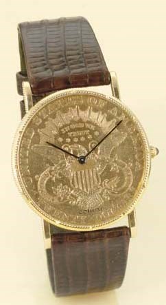 CORUM. AN 18K GOLD COIN WRISTWATCH