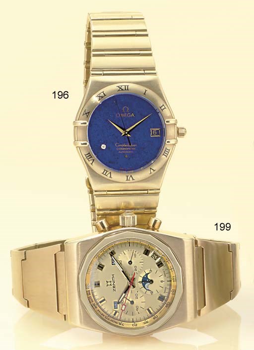 OMEGA. AN 18K GOLD, LAPIS LAZULI AND DIAMOND AUTOMATIC CENTER SECONDS BRACELET WATCH WITH DATE