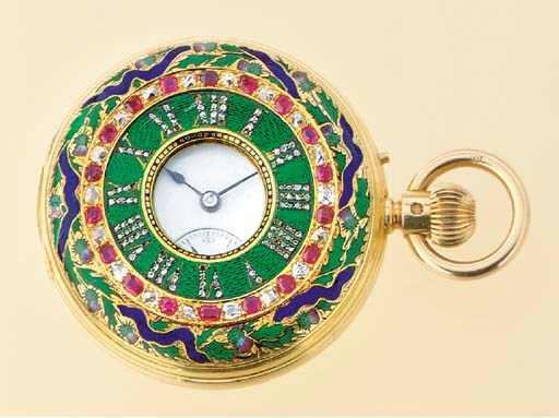HUNT & ROSKELL. A GOLD, EMERALD, RUBY, DIAMOND AND ENAMEL HALF-HUNTER CASE KEYLESS LEVER POCKET WATCH MADE FOR THE INDIAN MARKET