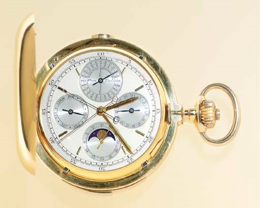 SWISS. A FINE AND RARE 18K GOLD HUNTER CASE MINUTE REPEATING PERPETUAL CALENDAR SPLIT SECONDS CHRONOGRAPH KEYLESS LEVER POCKET WATCH