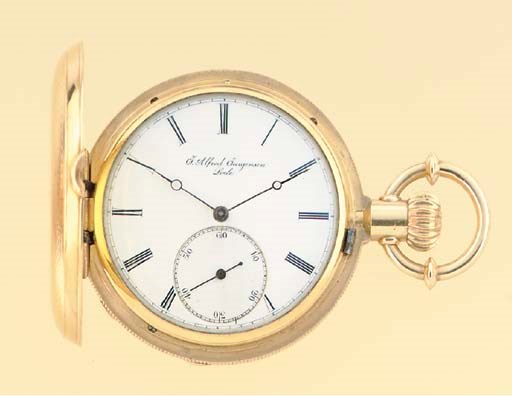 J. ALFRED JURGENSEN. A SMALL 18K GOLD HUNTER CASE KEYLESS LEVER POCKET WATCH WITH PATENTED BOW SETTING