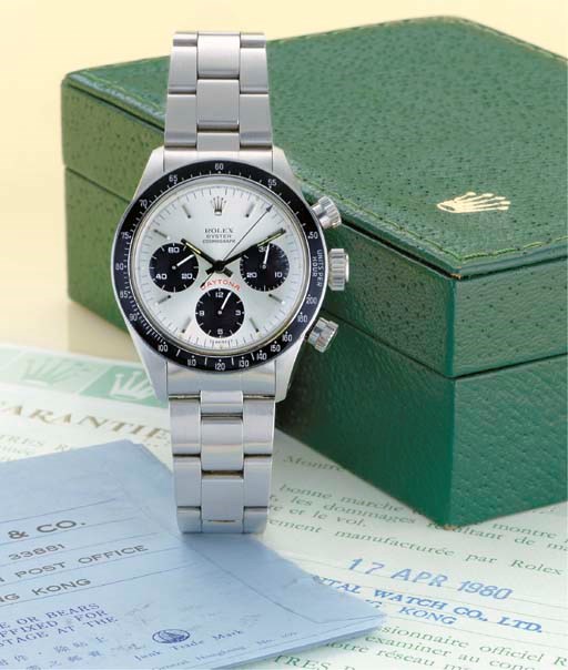 ROLEX. A RARE STAINLESS STEEL CHRONOGRAPH WRISTWATCH WITH ORIGINAL CERTIFICATE AND SALES INVOICE