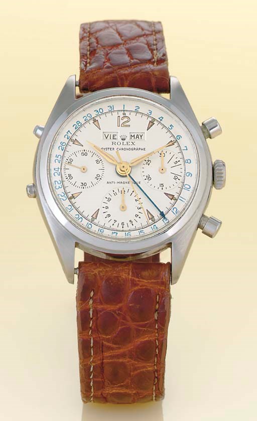 ROLEX. A FINE AND RARE STAINLESS STEEL TRIPLE CALENDAR CHRONOGRAPH WRISTWATCH