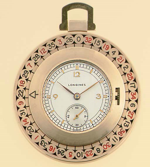 LONGINES. AN UNUSUAL 14K GOLD OPENFACE KEYLESS LEVER DRESS WATCH WITH REVOLVING ROULETTE WHEEL BEZEL
