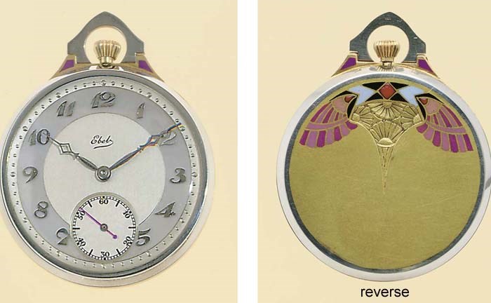 EBEL. AN 18K TWO-COLOR GOLD, ENAMEL AND MOTHER-OF-PEARL OPENFACE KEYLESS LEVER DRESS WATCH WITH CHAIN