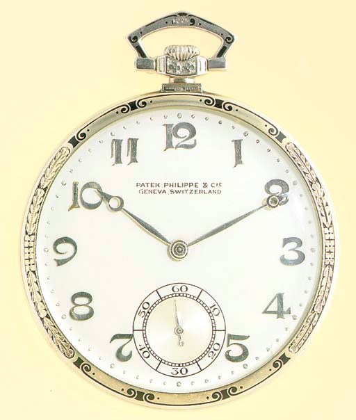 PATEK PHILIPPE. AN 18K WHITE GOLD AND ENAMEL OPENFACE KEYLESS LEVER DRESS WATCH WITH ORIGINAL BOX AND CERTIFICATE