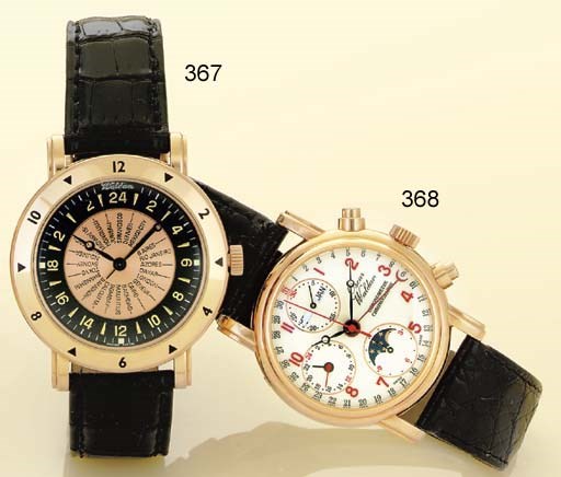 WALDAN. AN 18K PINK GOLD AUTOMATIC WORLD TIME WRISTWATCH WITH CENTER SECONDS AND 24 HOURS