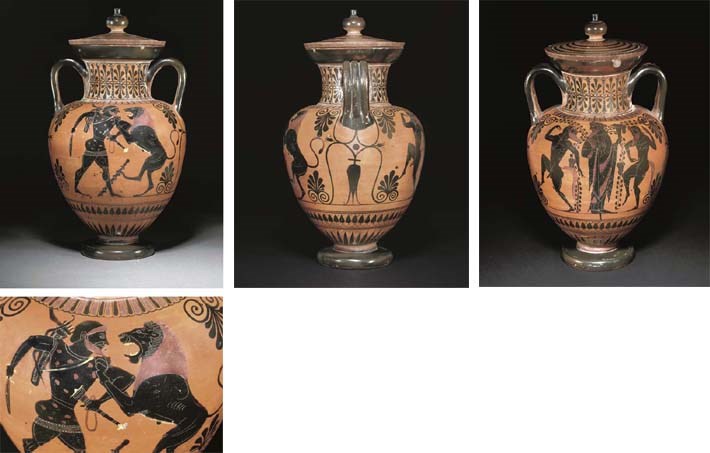 AN ATTIC BLACK-FIGURE NECK AMPHORA WITH LID, ATTRIBUTED TO THE ANTIMENES PAINTER